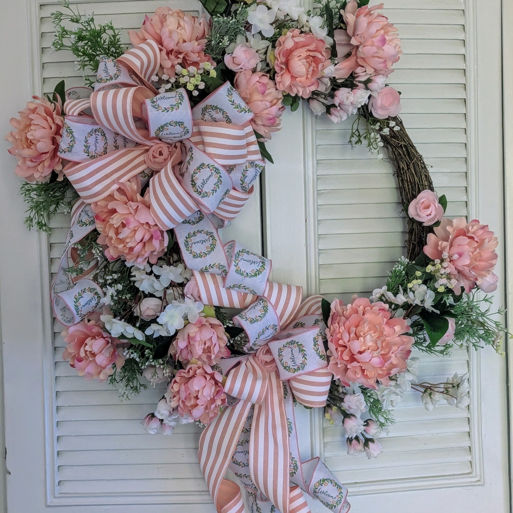 Pink Floral Wreath with Striped Ribbon